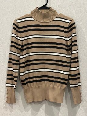 Spense Camel, Black & White Striped Turtleneck Sweater